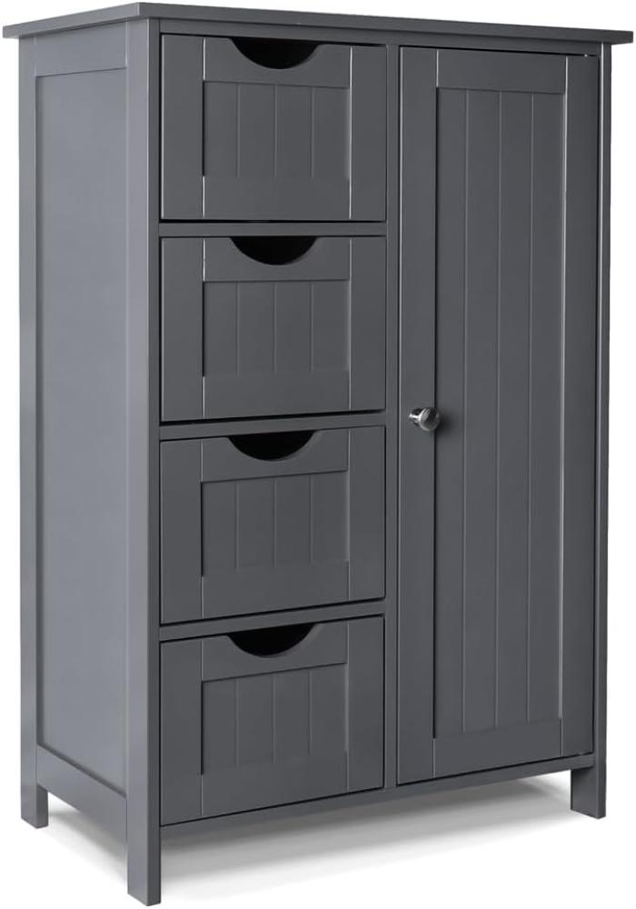 VOUNOT Badezimmerschrank, Badschrank, Beistellschrank mit 4 Schubladen, Schranktür & verstellbaren Ablagen für Badezimmer Wohnzimmer Küche Schlafzimmer 30x55x82cm Grau Bild 1