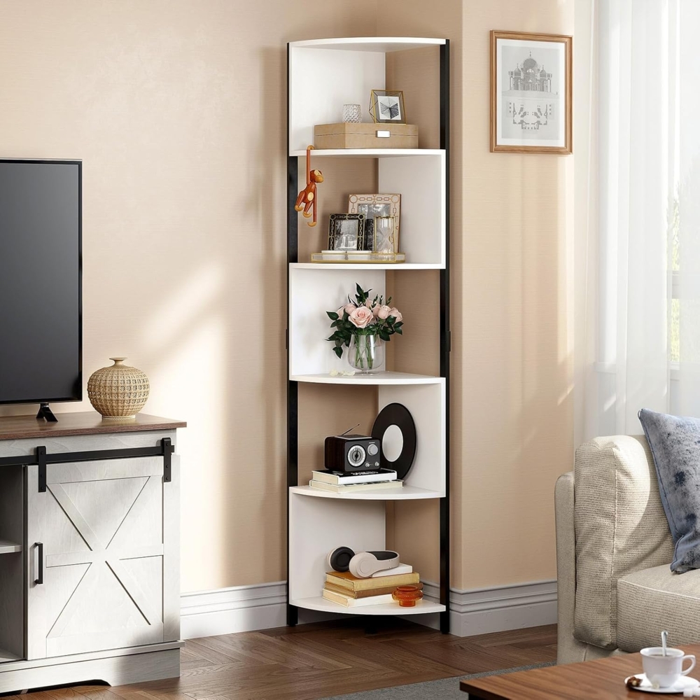 YITAHOME Bücherregal, mit 6 Ebenen, Eckregal stehend, Modern Freistehend, Display-Eck-Bücherregal, Aufbewahrungsregal Holz für Wohnzimmer, Büro, Schlafzimmer, Arbeitszimmer (weiß) Bild 1