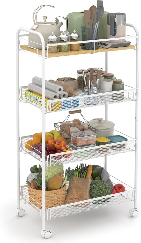 Sekey Rollwagen, Küchenwagen mit 4 Ebenen | Oberer MDF-Platte | Stahl | 360°-Räder | Griff | Nischenregal auf Rollen für kleine Räume, Küche, Bad, Wohnzimmer, Arbeitszimmer | Weiß Bild 1