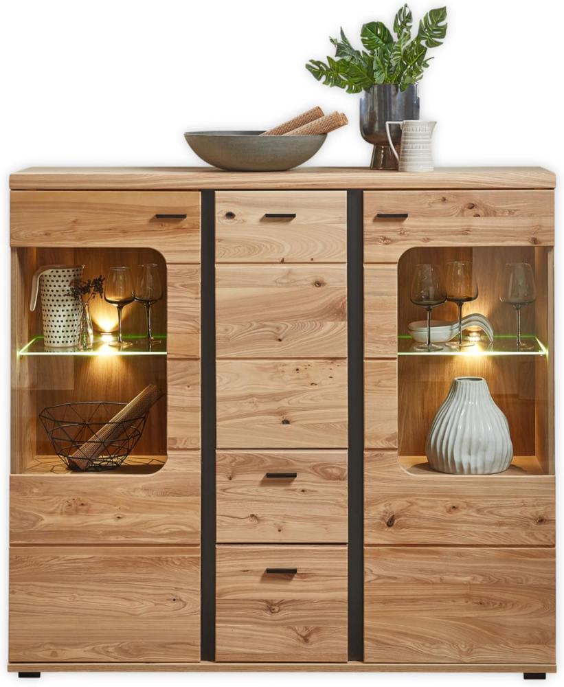 Highboard in Altesche massiv, Old Artisan Oak Optik FSC-zertifiziert - Moderner Wohnzimmerschrank mit Schubladen und LED-Beleuchtung - 145 x 134 x 38 cm (B/H/T) Bild 1