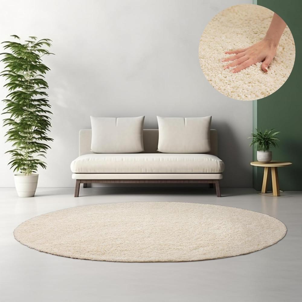 HomebyHome Hochflor Runder Teppich 160 cm Rund Einfarbig Creme Teppich Langflor Shaggy Modern Teppich für Wohnzimmer, Schlafzimmer, Pflegeleicht Flauschig Weich Rund Großer Teppich Bild 1