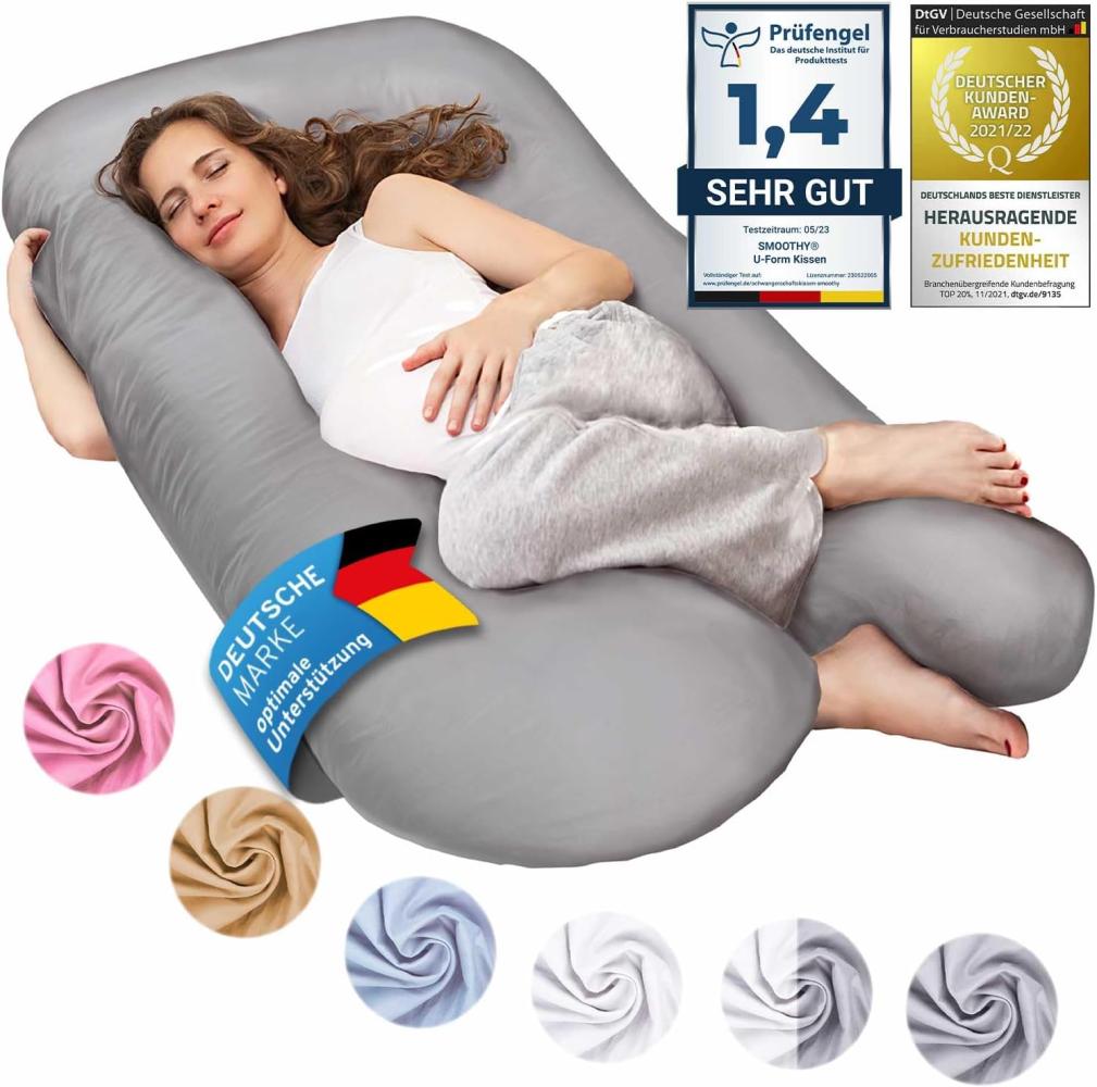 SMOOTHY XXL Schwangerschaftskissen Seitenschläferkissen, Lagerungskissen, Baby-Kissen & Stillkissen in U-Form mit abnehmbarem & waschbarem Bezug aus 100% Baumwolle (Classic XXL, 150 x 80 cm, Grau) Bild 1