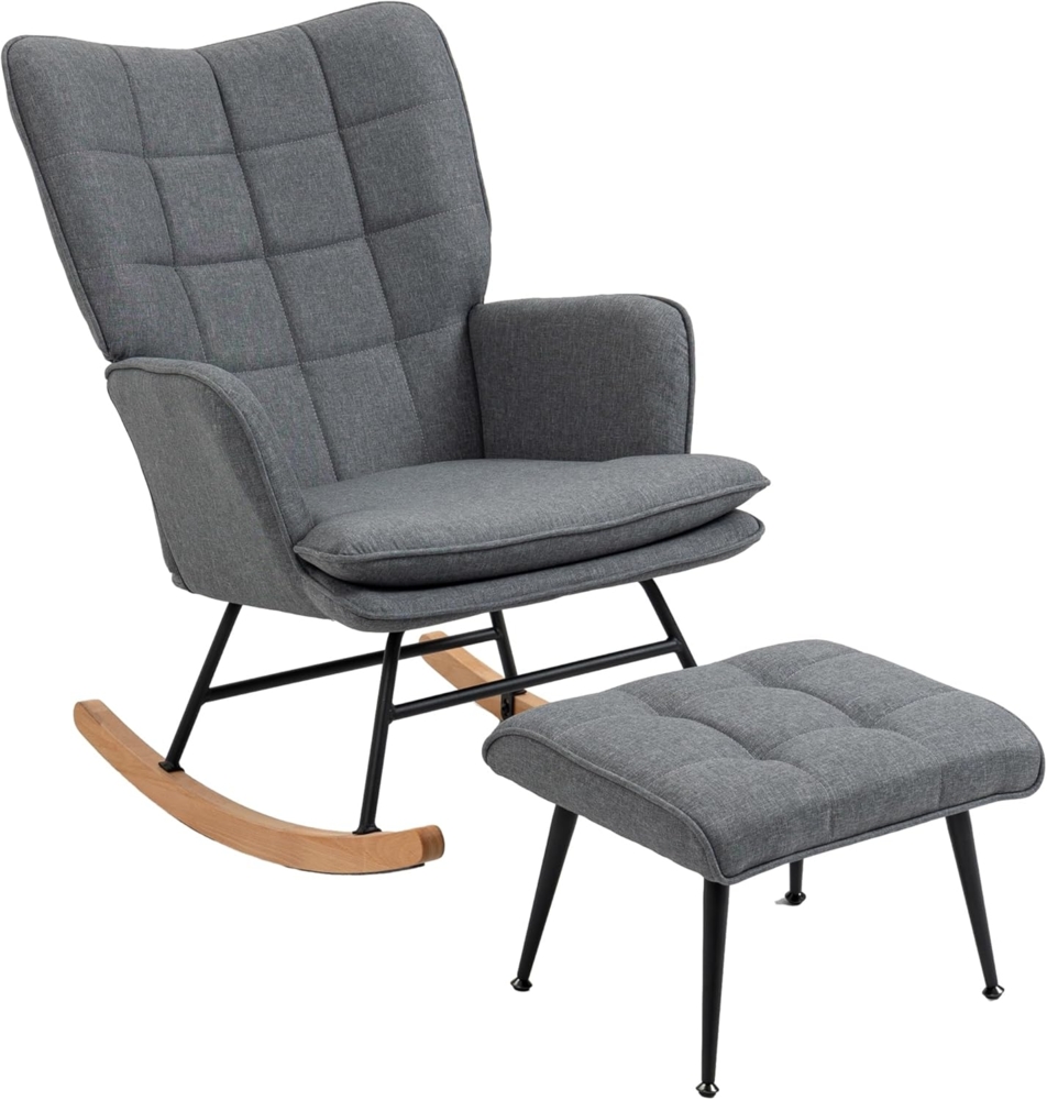 HOMCOM Schaukelsessel mit Hocker, Relaxsessel mit Leinenoptik (Armlehnsessel, 2-St, Schwingsessel), für Wohnzimmer, Schlafzimmer, Grau Bild 1
