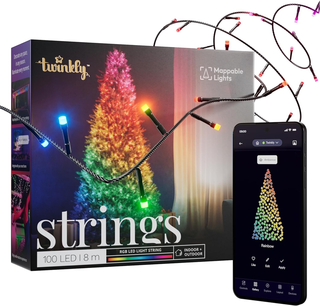Twinkly Strings - LED-Lichterketten mit 100 RGB-LEDs - Innen- und Außenbeleuchtung - App-gesteuert, schwarzer Draht, 8m Bild 1