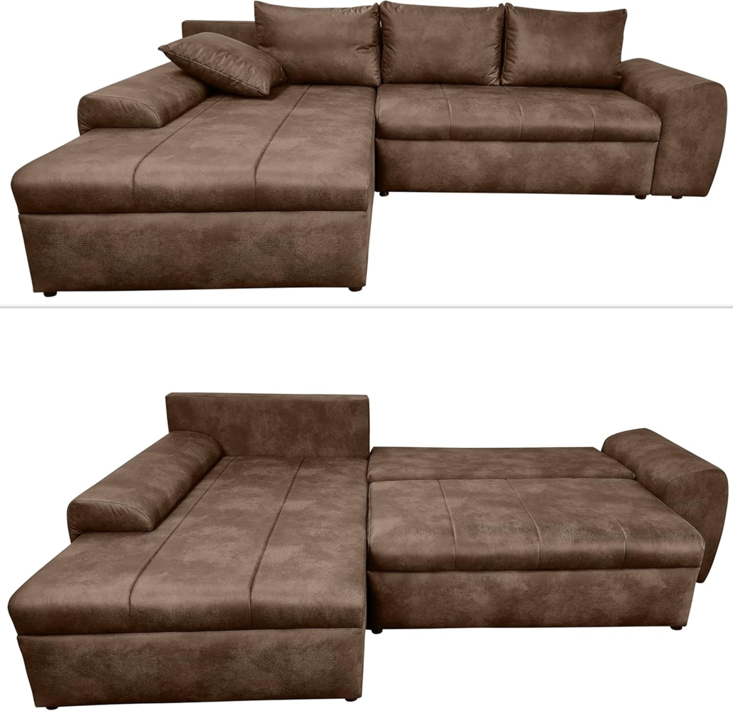 luma-home Ecksofa 18014, mit Bettfunktion 266x186 cm, Ottomane links, Federkern im Rücken, Wellenunterfederung, Bettkasten, Mikrofaser Leder-Optik Vintage Braun Bild 1