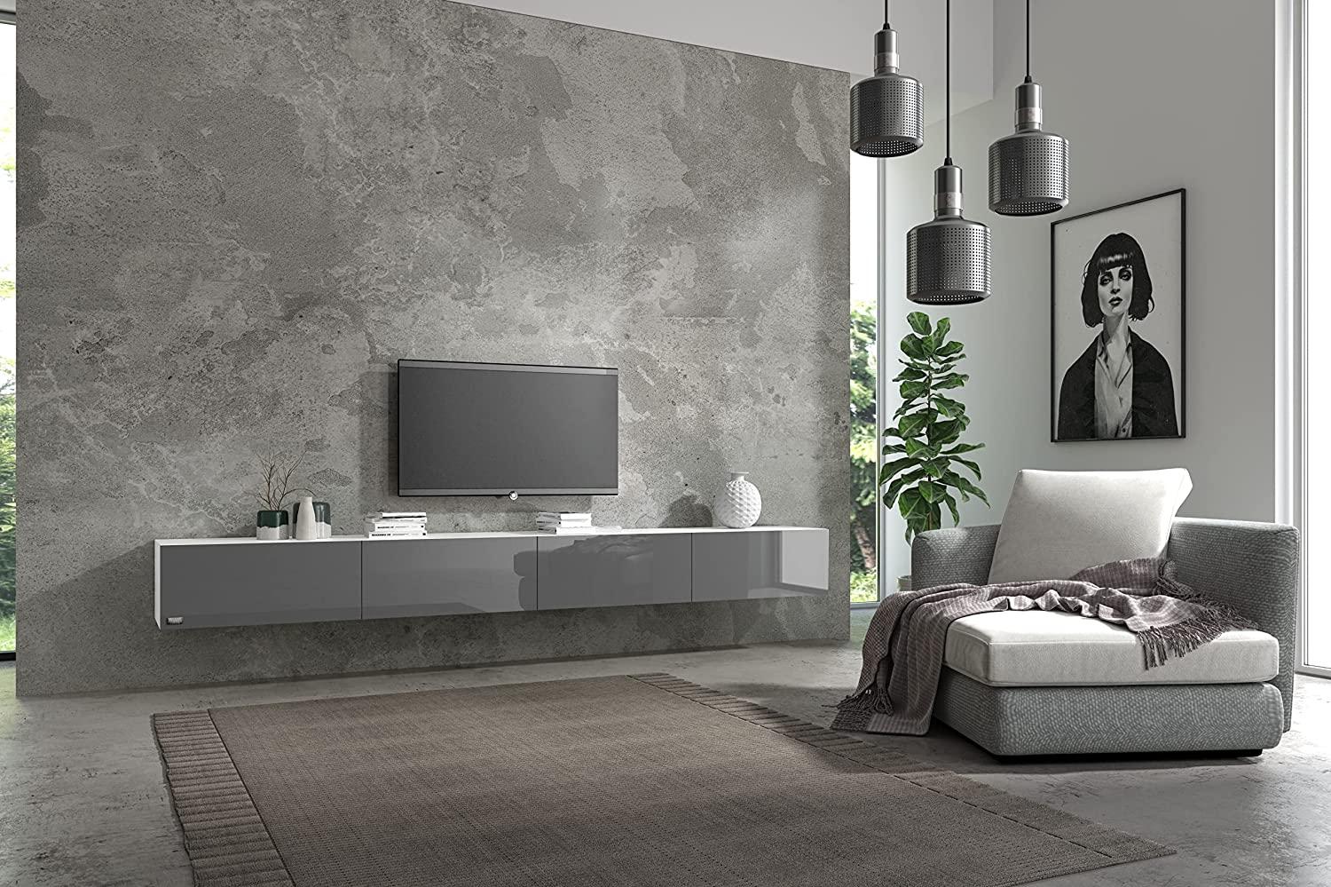 Wuun® Somero Korpus Weiß Hochglanz /280cm/Front Grau-Hochglanz / TV Lowboard TV Board Hängend Hängeschrank Wohnwand Bild 1