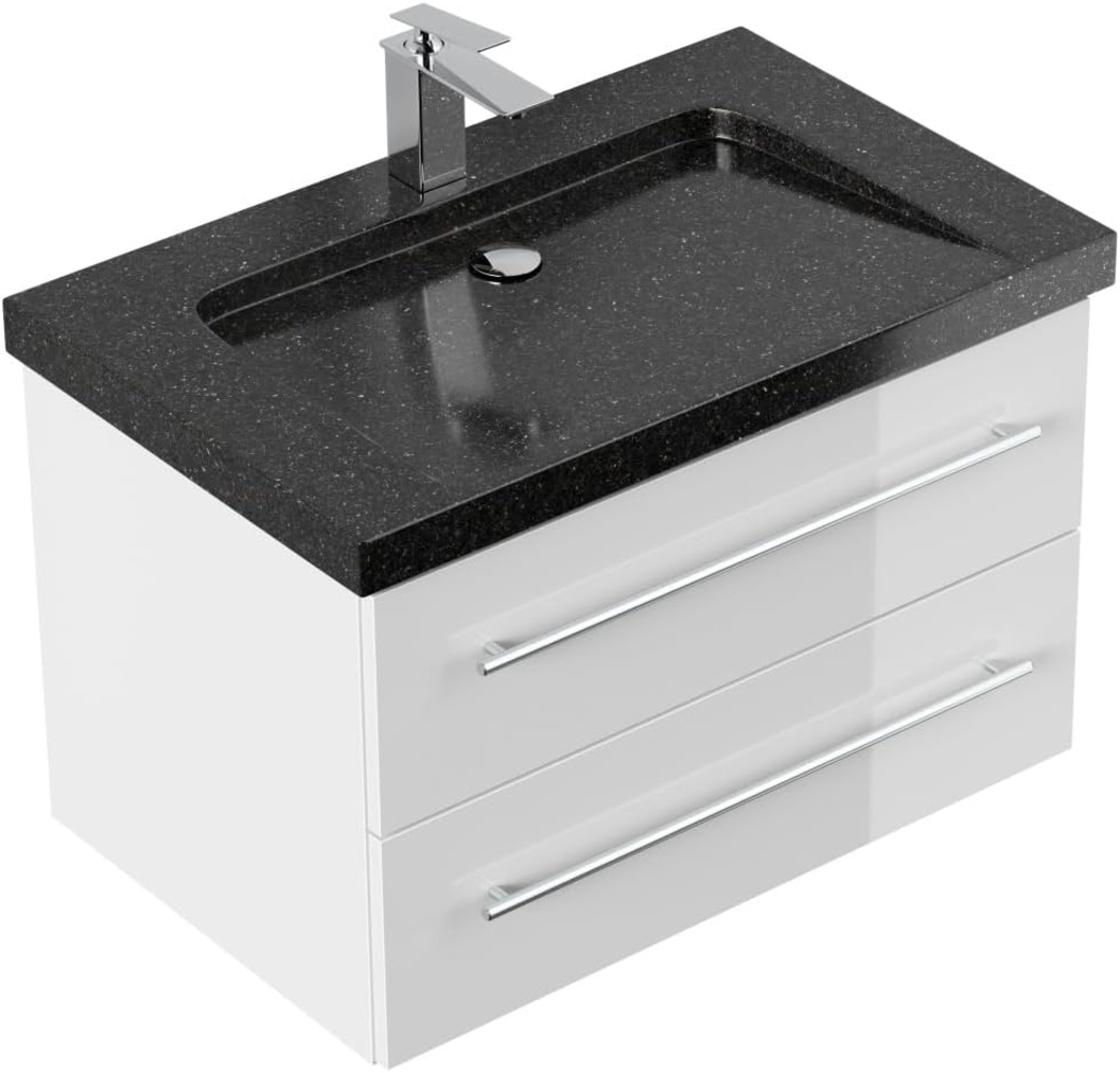 Badmöbel Granit Galaxy Black Damo 75 cm 1 Hahnloch SoftClose weiß hochglanz : Weiss hochglanz Bild 1