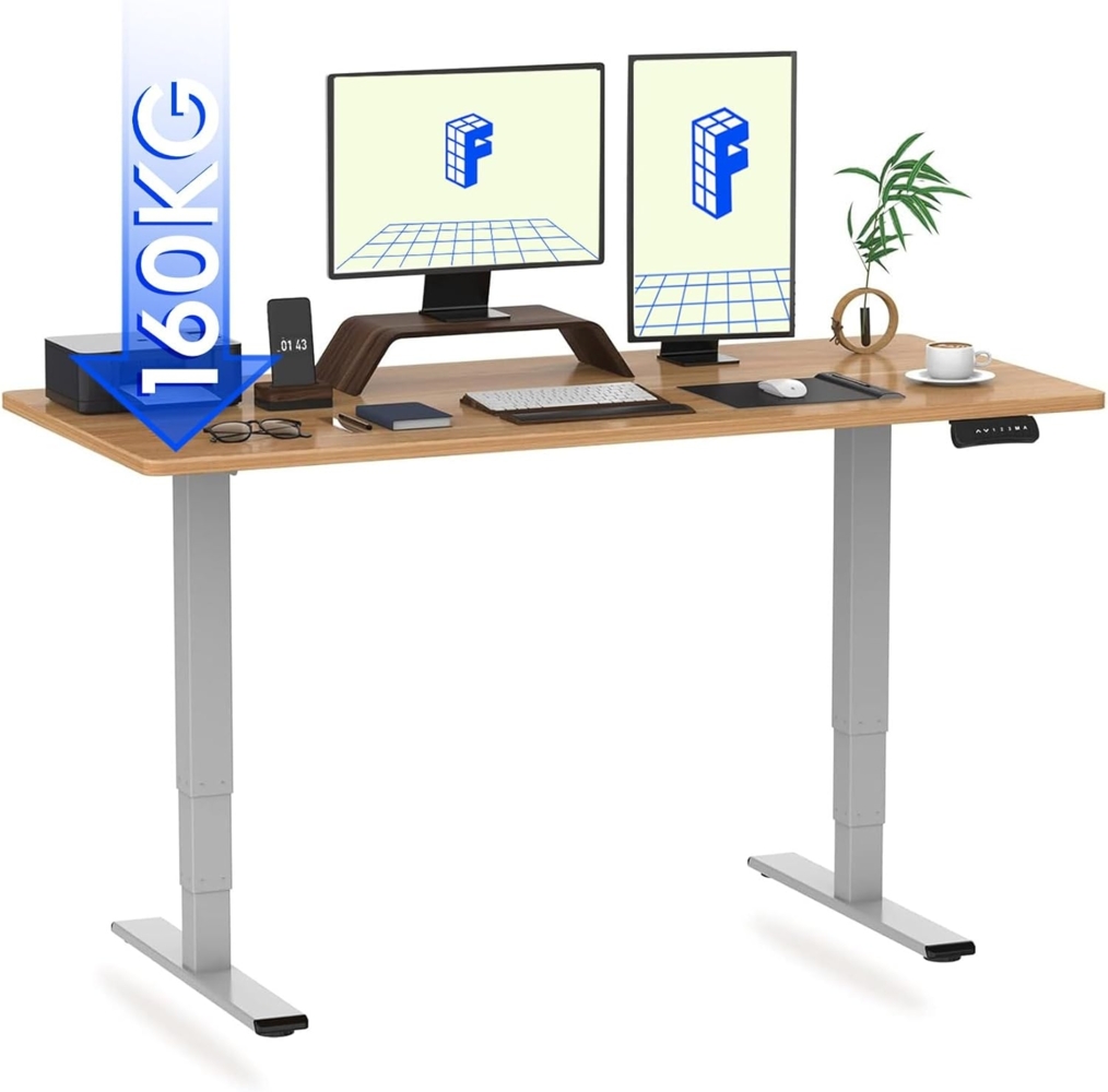 Höhenverstellbarer Schreibtisch 160x80 cm - 3-Fach-Teleskop - Schreibtisch mit Memory-Steuerung und Softstart/-Stop - Schreibtisch Höhenverstellbar von Flexispot (Ahron, Gestell Grau) Bild 1