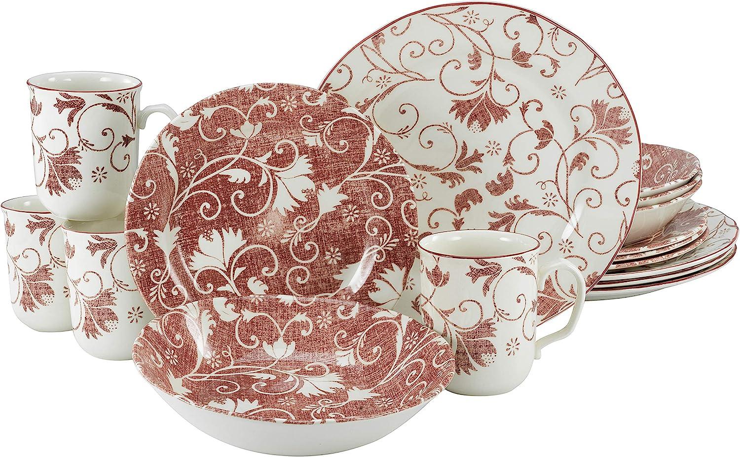 CreaTable 22257 Kombiservice Damask für 4 Personen, Steingut, rot/weiß (1 Set, 16-teilig) Bild 1