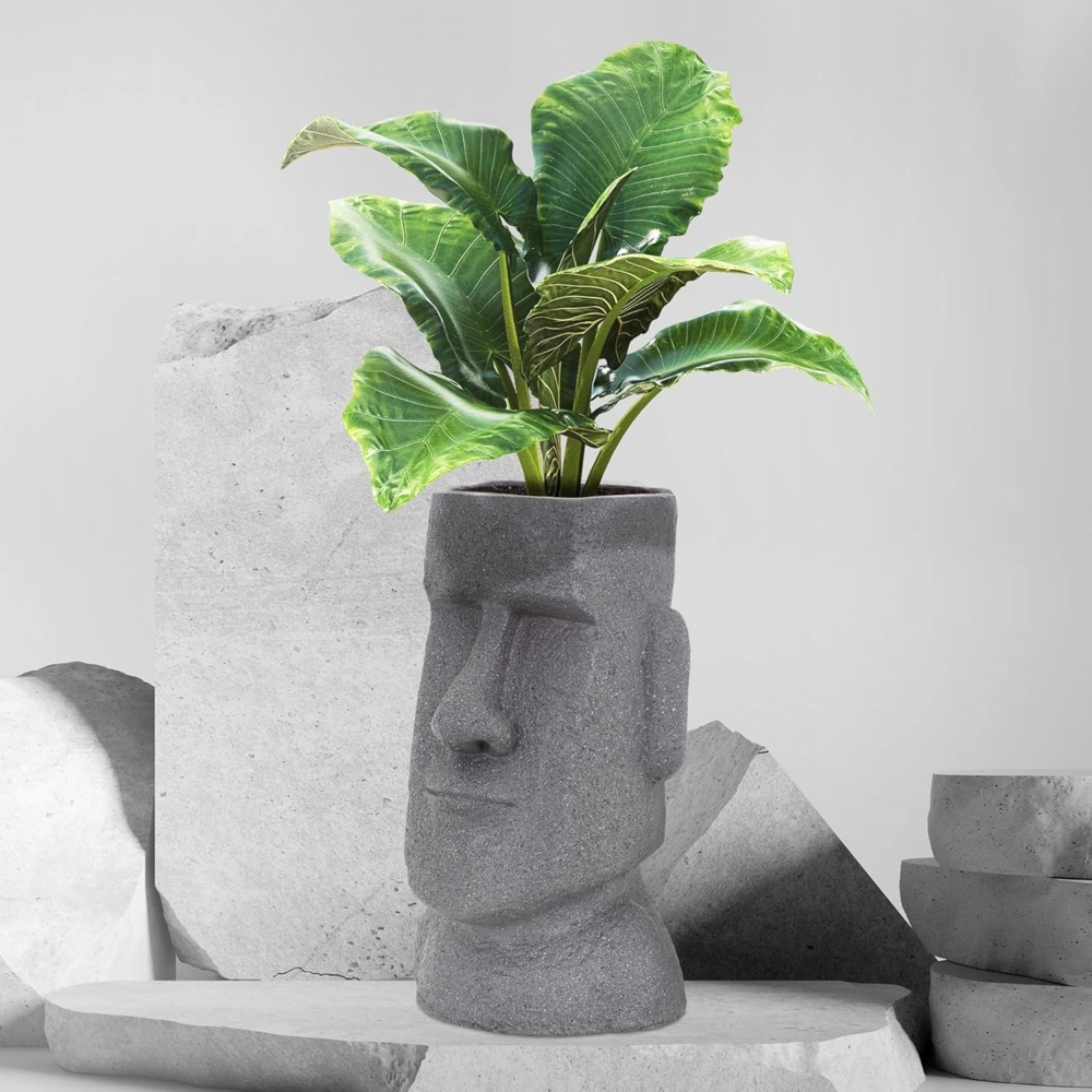 ML-DESIGN Blumentopf Pflanztopf Figur aus Kunstharz - Polyresin Osterinsel Pflanzen Vase, Osterinsel Kopf Grau massiv Übertopf Pflanzer Gartendeko Bild 1