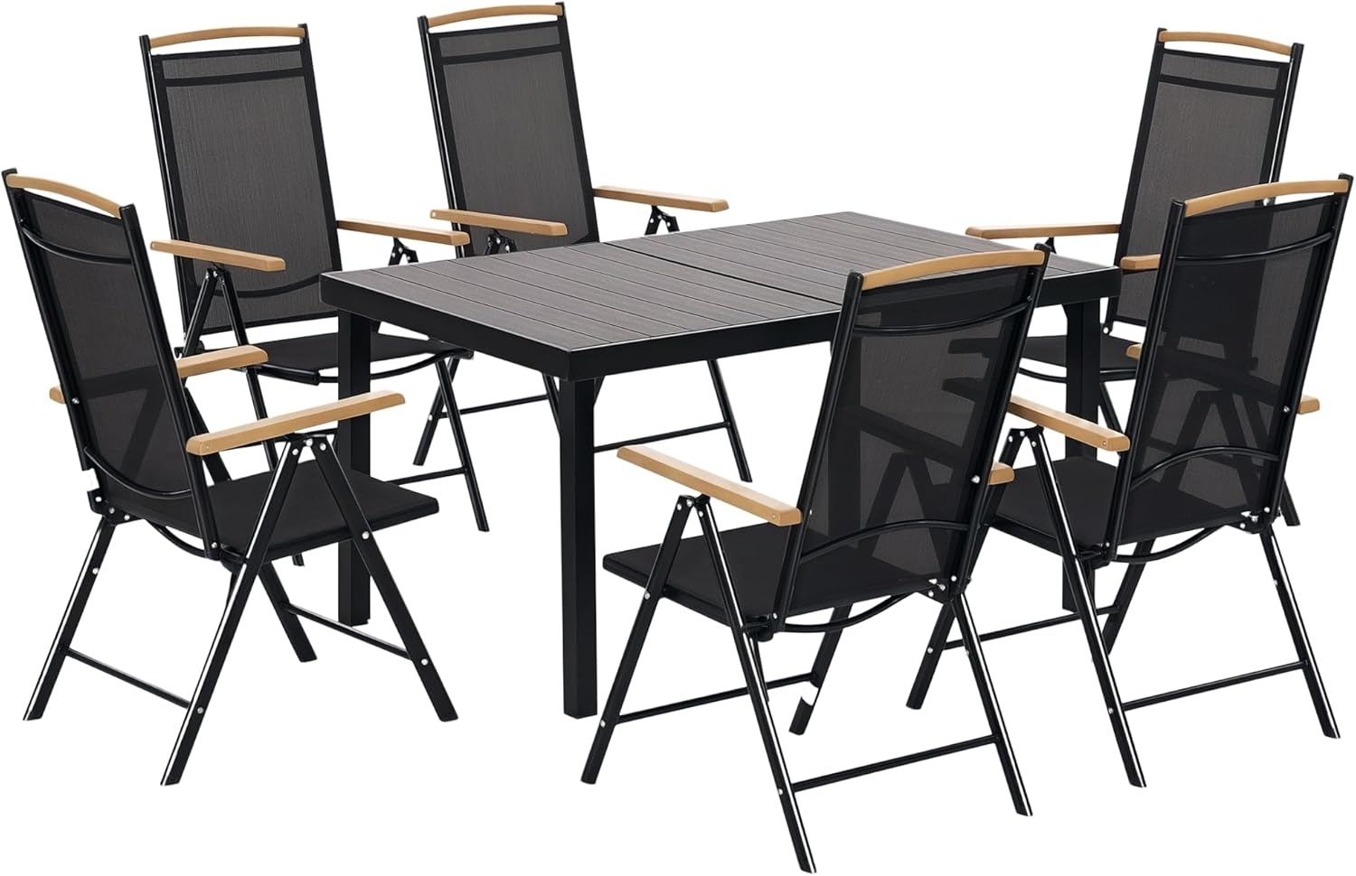 Outsunny Garten-Essgruppe Sitzgruppe klappbar 7tlg. 1 Tisch+6 Stühle Gartenmöbel Set, (Balkonmöbel, 7-tlg, Balkonset), Schwarz 140L x 90B x 74H cm Bild 1