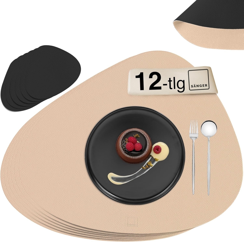 SÄNGER organische Tischsets & Untersetzer aus Kunstleder 12 teilig für 6 Personen, Schwarz + Beige Bild 1