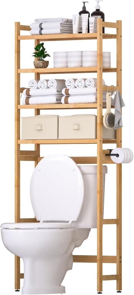 Yorbay Badregal Toilettenregal mit 2 Körben, Bambus WC Regal,59*23.3*166CM, Multifunktional Badezimmerregal,Platzsparend,Einfache Montage Bild 1