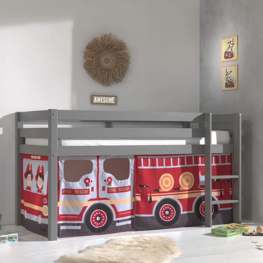 Vipack 'Pino' Halbhochbett 90x200 cm, grau, Kiefer massiv, mit Textilset 'Fire Rescue' Bild 1