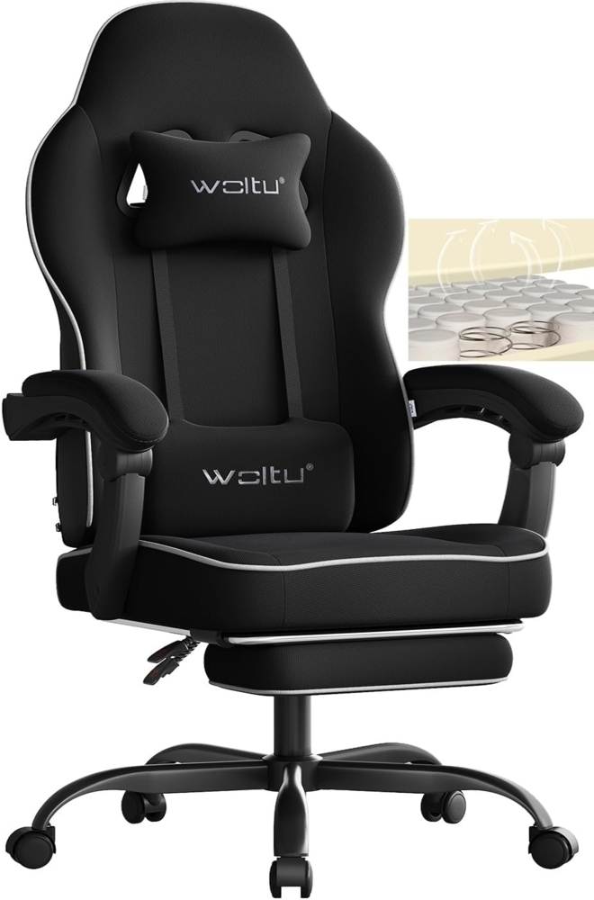 WOLTU Gaming Stuhl mit Taschenfederkissen, Gaming Sessel 150 kg Belastbarkeit, ergonomischer Drehstuhl, Gamer Stuhl mit Kopfkissen, Lendenkissen, Fußstütze, Netzstoff, Schwarz, GS11sz Bild 1