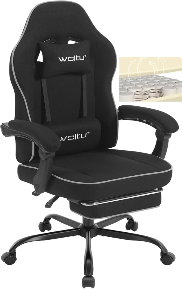 WOLTU Gaming Stuhl mit Taschenfederkissen, Gaming Sessel 150 kg Belastbarkeit, ergonomischer Drehstuhl, Gamer Stuhl mit Kopfkissen, Lendenkissen, Fußstütze, Netzstoff, Schwarz, GS11sz Bild 1