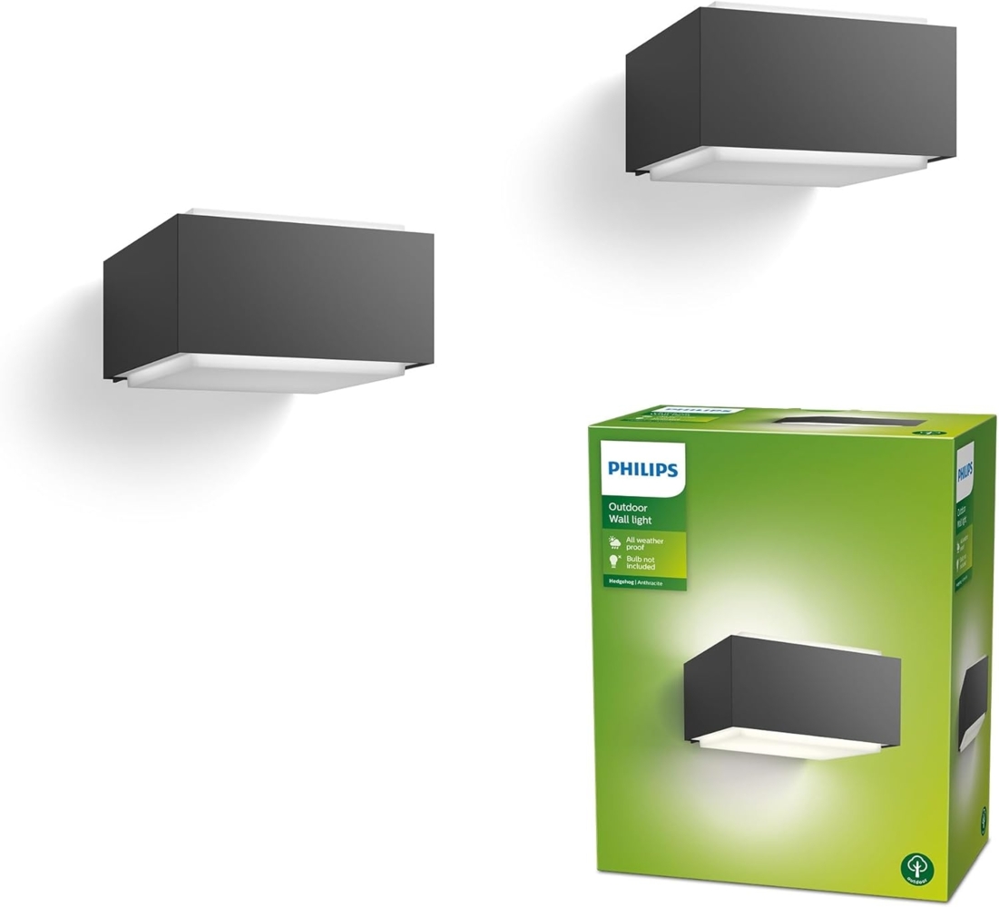 Philips Hedgehog Outdoor Wandleuchte (42 W), wetterfeste Außenleuchte für moderne Lichtakzente, E27 Leuchte ohne Leuchtmittel, anthrazit, Doppelpack Bild 1