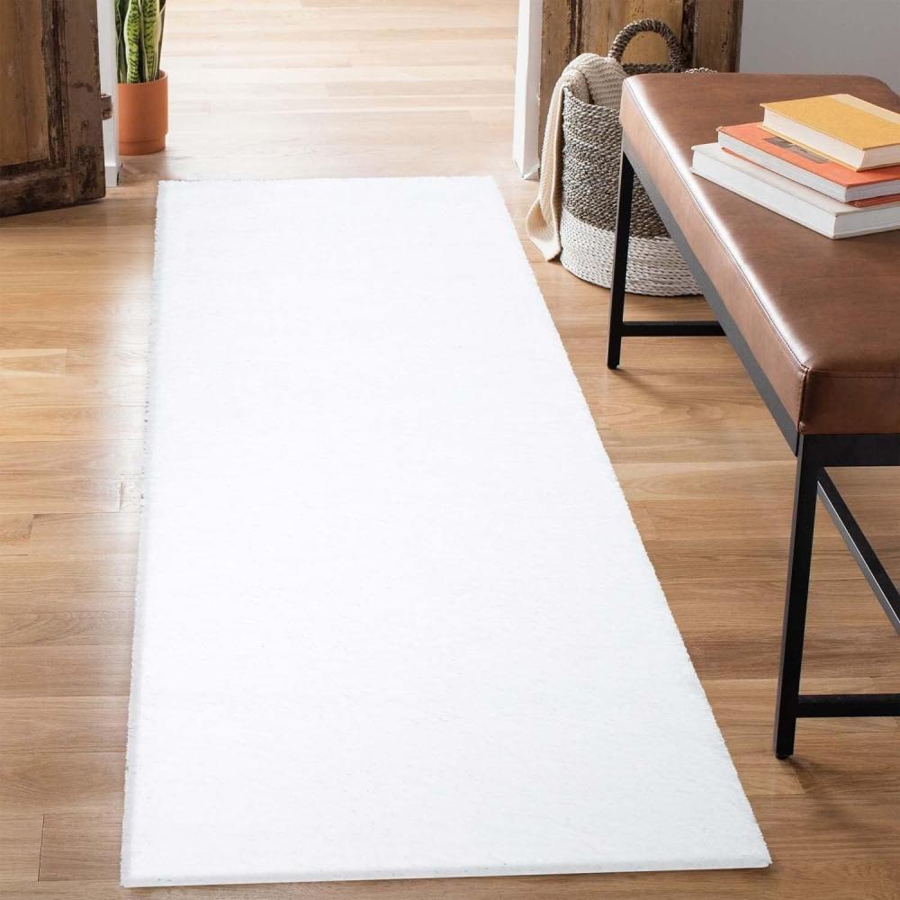 carpet city Shaggy Hochflor Teppich - Läufer 80x300 cm - Weiß - Langflor Flurteppich - Einfarbig Uni Modern - Flauschig-Weiche Teppiche Schlafzimmer Deko Bild 1