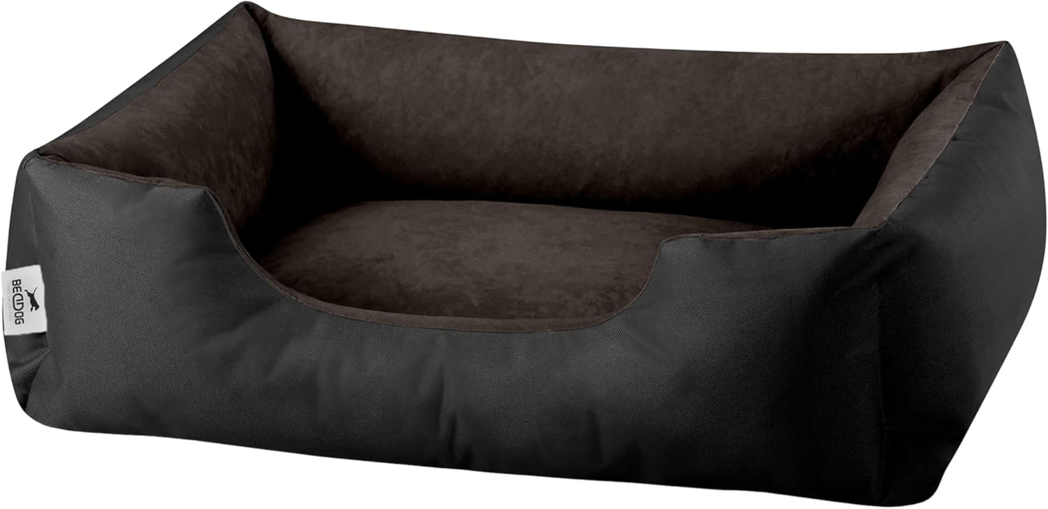 BedDog Hundebett LUPI, Hundesofa aus Cordura, Microfaser-Velours, waschbares Hundebett mit Rand, Hundekissen vier-eckig (M) ca. 70 x 55 x 18 cm, BLACK-FIELD (schwarz/braun) Bild 1