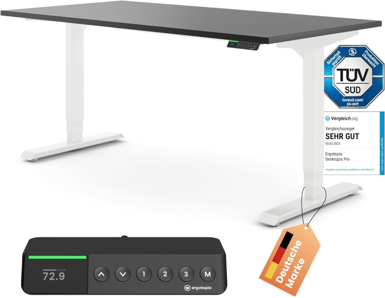 Desktopia Pro X - Elektrisch höhenverstellbarer Schreibtisch / Ergonomischer Tisch mit Memory-Funktion, Schwarz, Gestell Weiß, 160x80 cm Bild 1