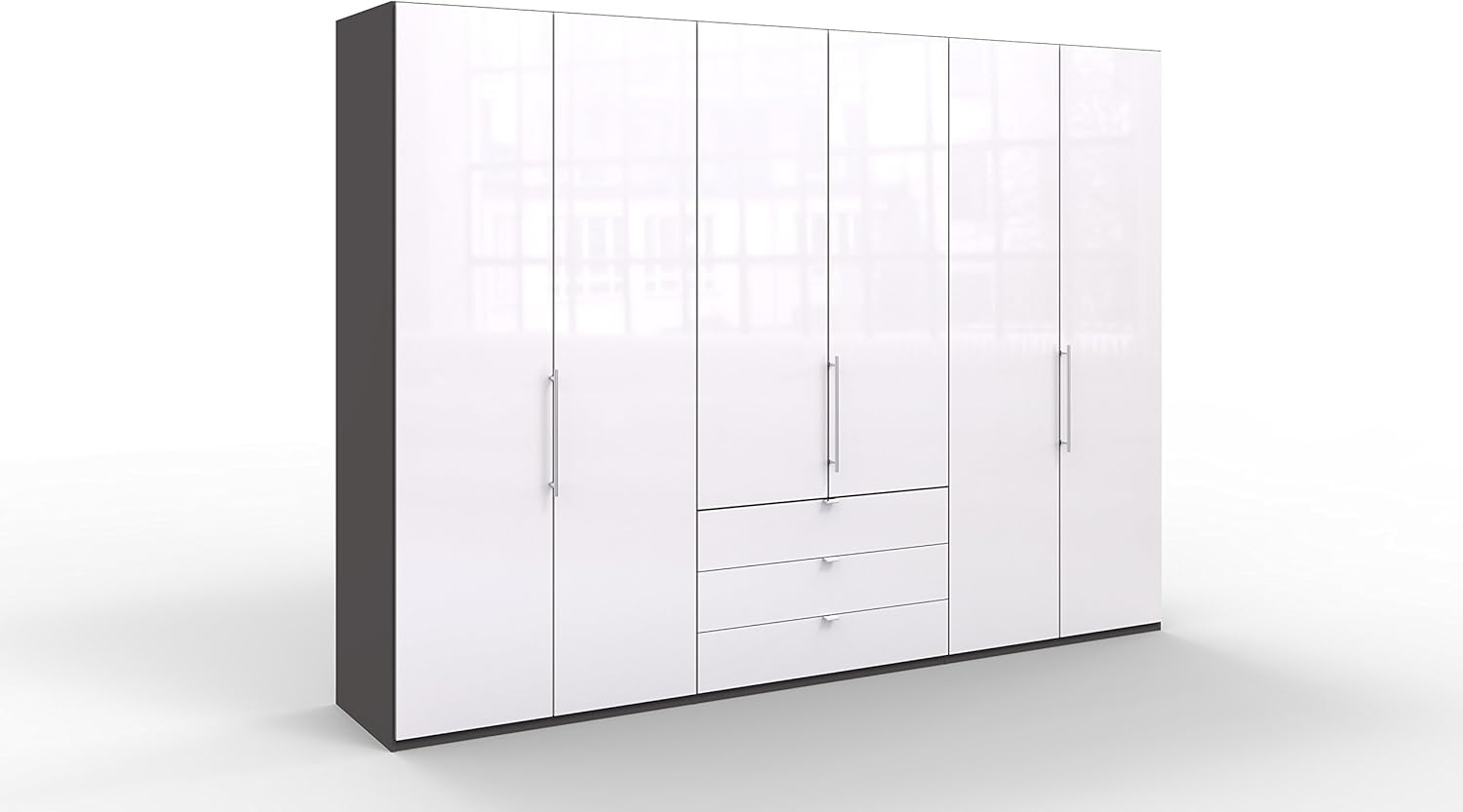 WIEMANN Loft Kleiderschrank, Schlafzimmerschrank, Gleittürenschrank, Drehtürenschrank, mit Schubladen, Glas weiß, Havanna, B/H/T 300 x 216 x 58 cm Bild 1