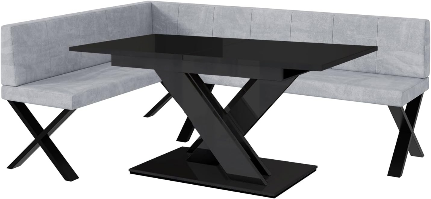 MEBLINI Eckbank für Esszimmer mit ausziehbarem Tisch - Küchenbank - Essecke - Sitzecke Küche - PETER - X-Beine 142 x 196 x 87 cm Links - Hellgrau Samt/B Schwarz Hochgl. Bild 1