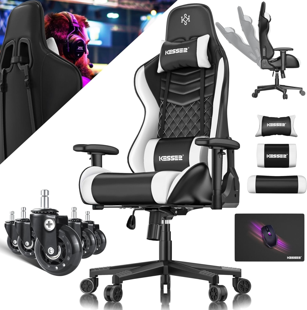 KESSER® Gamingstuhl mit Kopfstütze & Lendenkissen | Ergonomischer Gaming Sessel 150kg belastbar | Gamer Stuhl 360° Armlehne | Drehbarer Schreibtischstuhl Gaming Chair mit Mauspad + Gummi-Rollen Schwarz / Weiß Bild 1