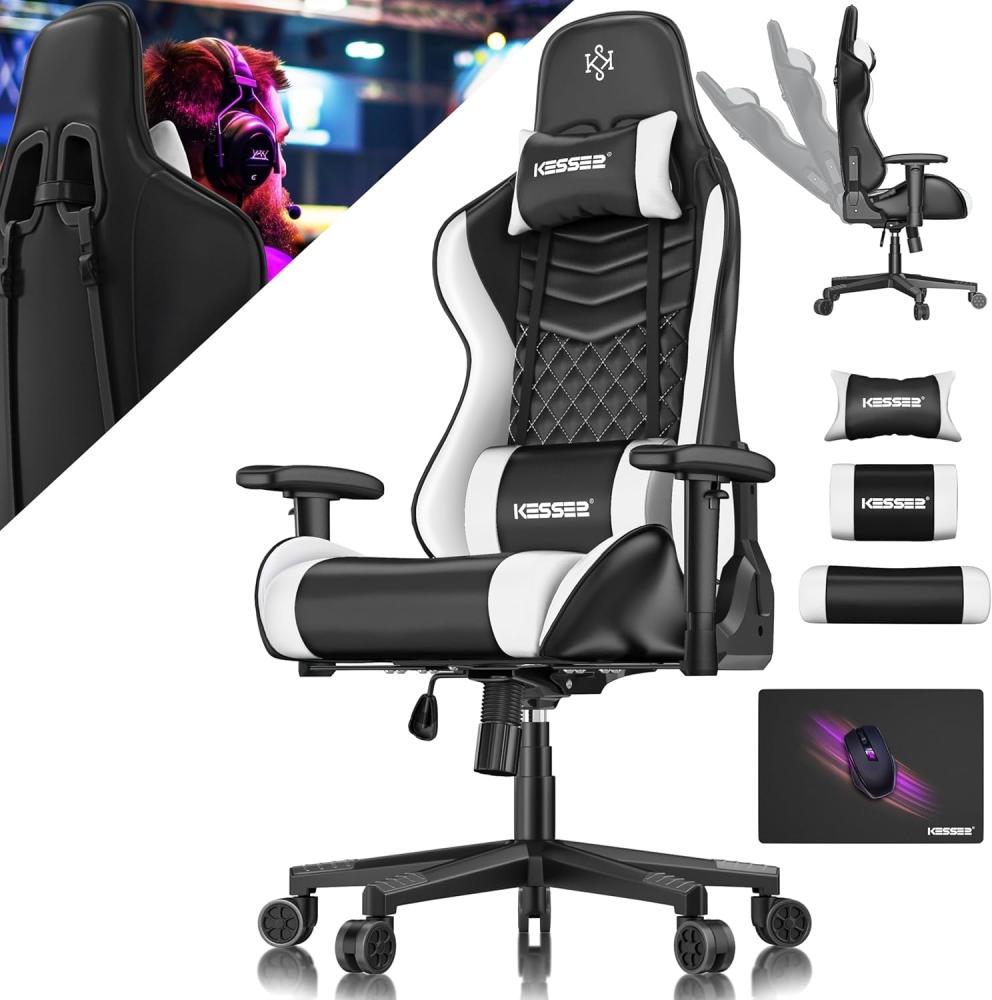 KESSER® Gamingstuhl mit Kopfstütze & Lendenkissen | Ergonomischer Gaming Sessel 150kg belastbar | Gamer Stuhl 360° Armlehne | Drehbarer Schreibtischstuhl Gaming Chair mit Mauspad + Gummi-Rollen Schwarz / Weiß Bild 1