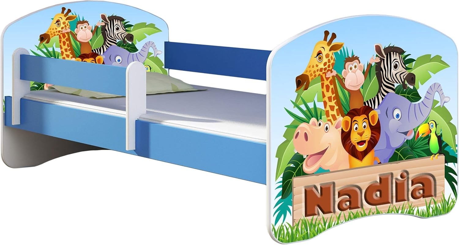 ACMA Kinderbett Jugendbett mit Einer Schublade und Matratze Blau mit Rausfallschutz Lattenrost II 140x70 160x80 180x80 (02 Animals Name, 140x70) Bild 1