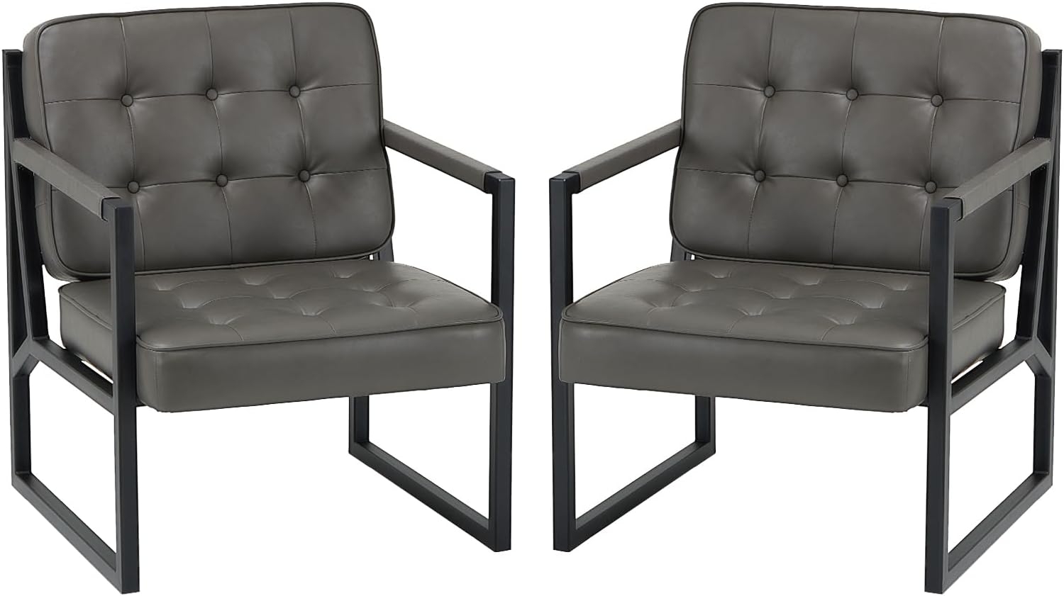 COLAMY Mid Century Modern ohrensessel 2er Set, Bequeme Lounge Sessel, Brauner Leder Accent Chair, Kunstleder Empfangssessel mit Metallbeinen für Wohnzimmer Schlafzimmer Empfangsraum Wartezimmer, grau Bild 1