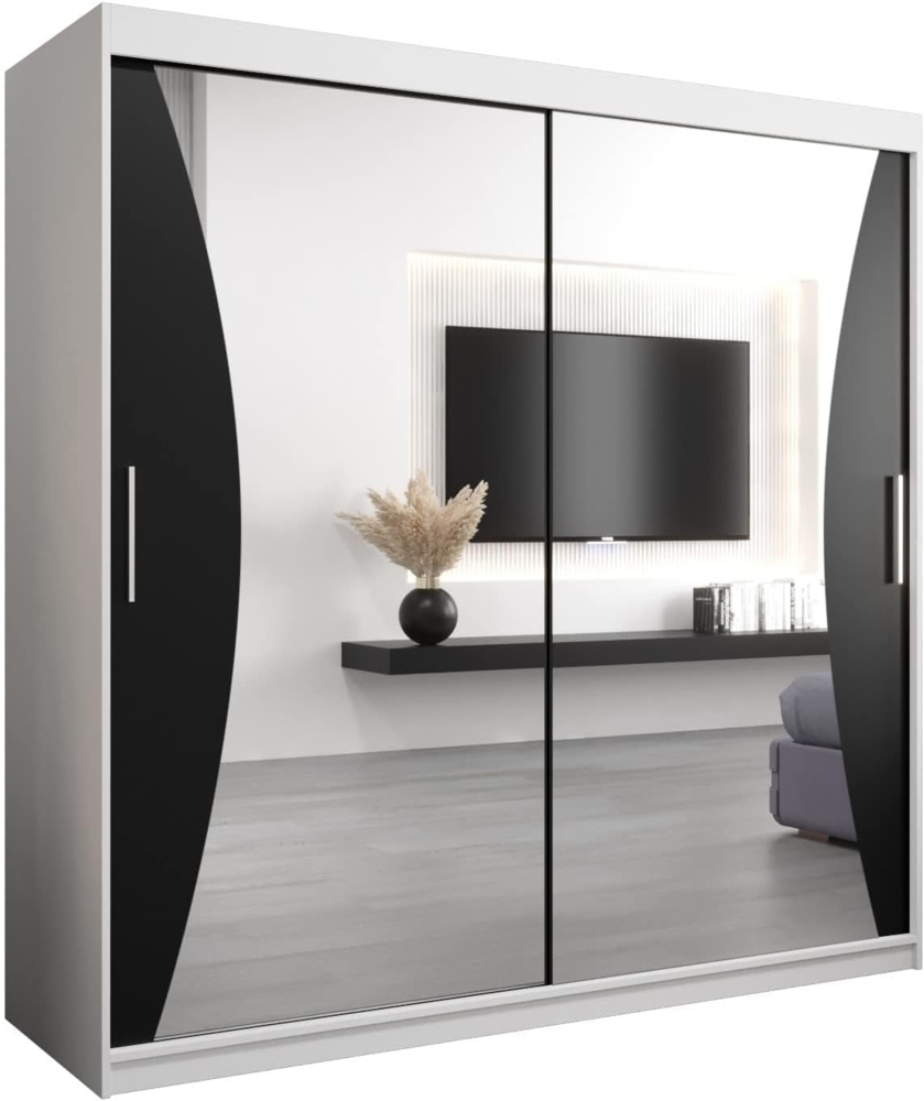 Kryspol Schwebetürenschrank Monaco 200 cm mit Spiegel Kleiderschrank mit Kleiderstange und Einlegeboden Schlafzimmer- Wohnzimmerschrank Schiebetüren Modern Design (Weiß + Schwarz) Bild 1