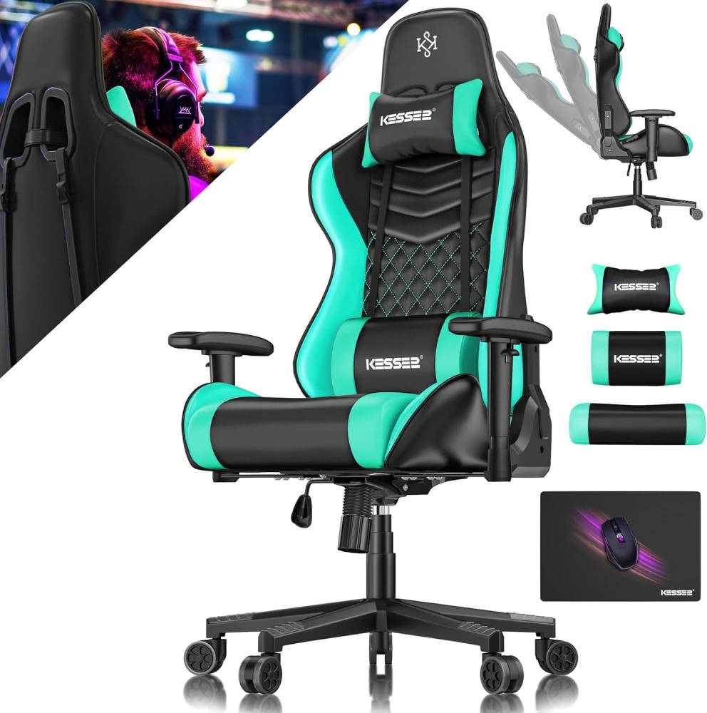 KESSER® Gamingstuhl mit Kopfstütze & Lendenkissen | Ergonomischer Gaming Sessel 150kg belastbar | Gamer Stuhl 360° Armlehne | Drehbarer Schreibtischstuhl Gaming Chair mit Mauspad + Gummi-Rollen Schwarz / Türkis Bild 1