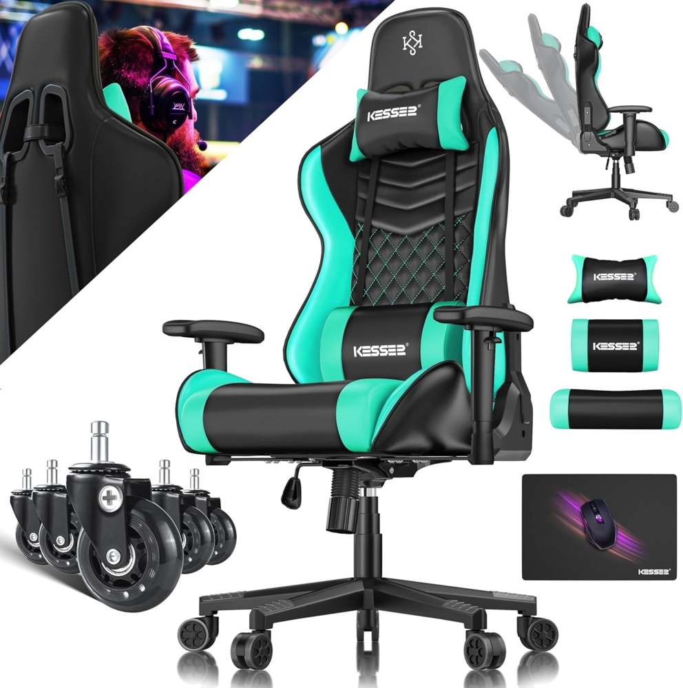 KESSER® Gamingstuhl mit Kopfstütze & Lendenkissen | Ergonomischer Gaming Sessel 150kg belastbar | Gamer Stuhl 360° Armlehne | Drehbarer Schreibtischstuhl Gaming Chair mit Mauspad + Gummi-Rollen Schwarz / Türkis Bild 1