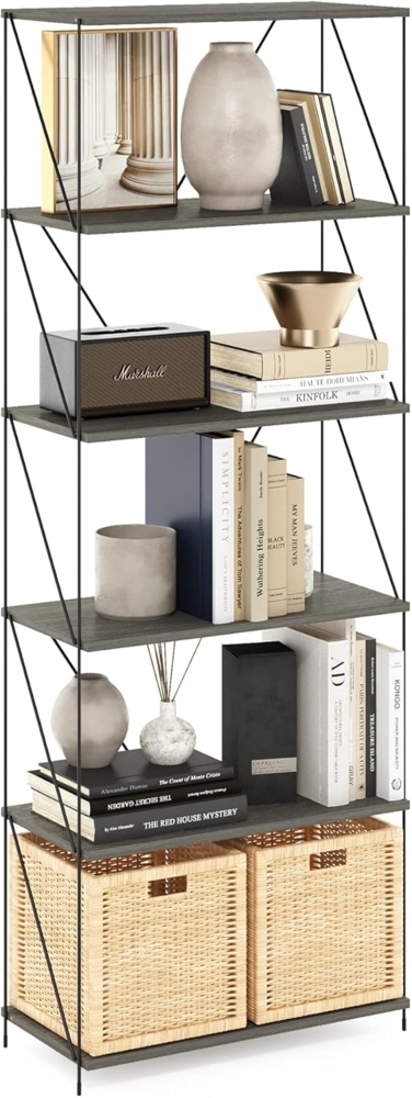 Furinno Besi 6-stöckiges industrielles Mehrzweckregal mit Metallrahmen, breit, Eiche Finn Bild 1