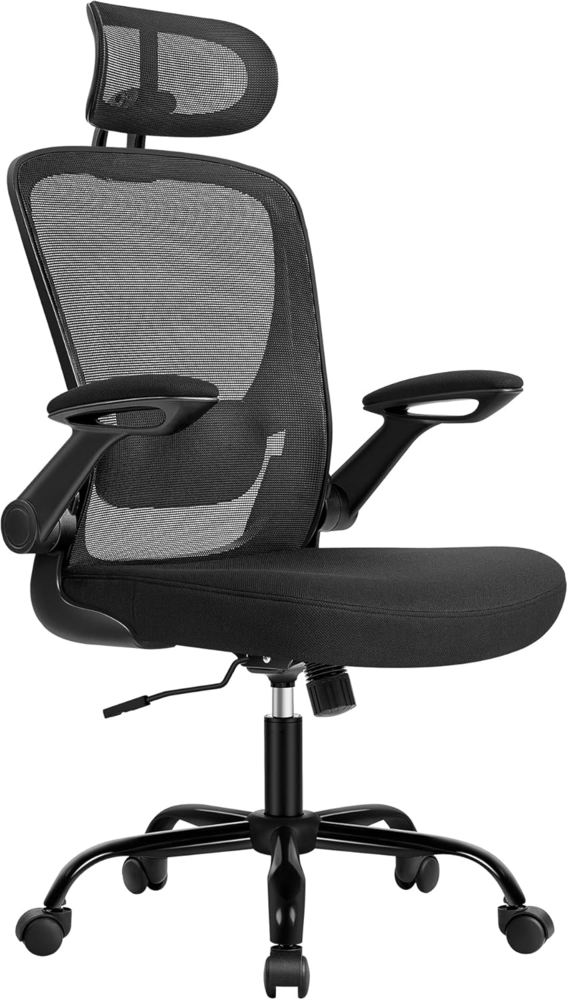 SONGMICS Bürostuhl ergonomisch, Schreibtischstuhl, Drehstuhl mit Mesh, gepolsterte Lendenstütze, Wippfunktion, 53 cm große Sitzfläche, klappbare Armlehnen, Kopfstütze, tintenschwarz OBN047B01 Bild 1