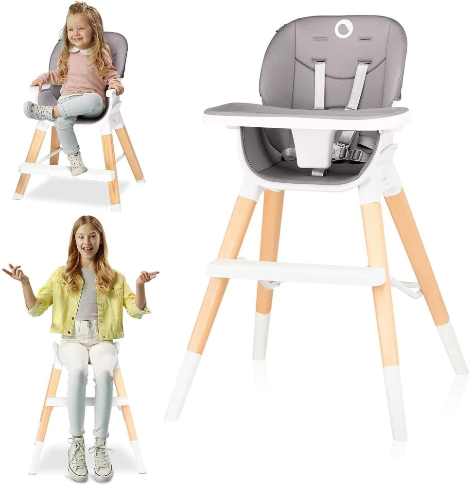 LIONELO Mona 4in1 Kinderhochstuhl, hochstuhl, hoher, verstellbarer Stuhl, abnehmbares Tablett, rutschfest, 6 bis 36 Monate, Sicherheitsgurte, Belastbarkeit bis 15 kg / 25 kg / 75 kg (Grau) Bild 1