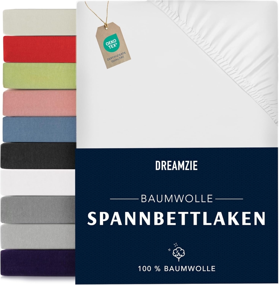 Dreamzie - Spannbettlaken 200x200 cm - Baumwolle Oeko Tex Zertifiziert - Weiß - 100% Jersey Spannbetttuch 200x200 Bild 1