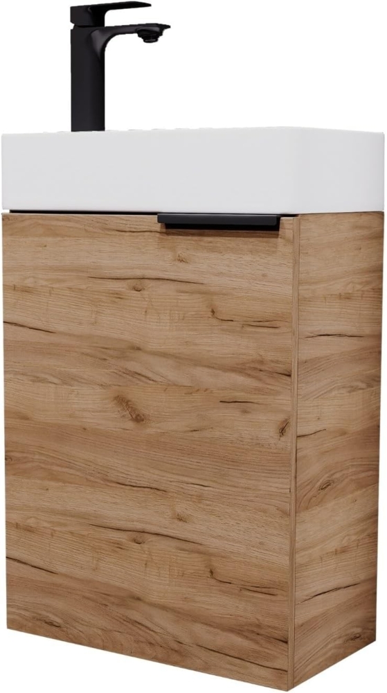 Planetmöbel Waschtisch mit Unterschrank 40cm in Gold Eiche mit Waschbecken & Armatur in Schwarz matt, Badmöbel Set für Bad, Gäste WC Bild 1