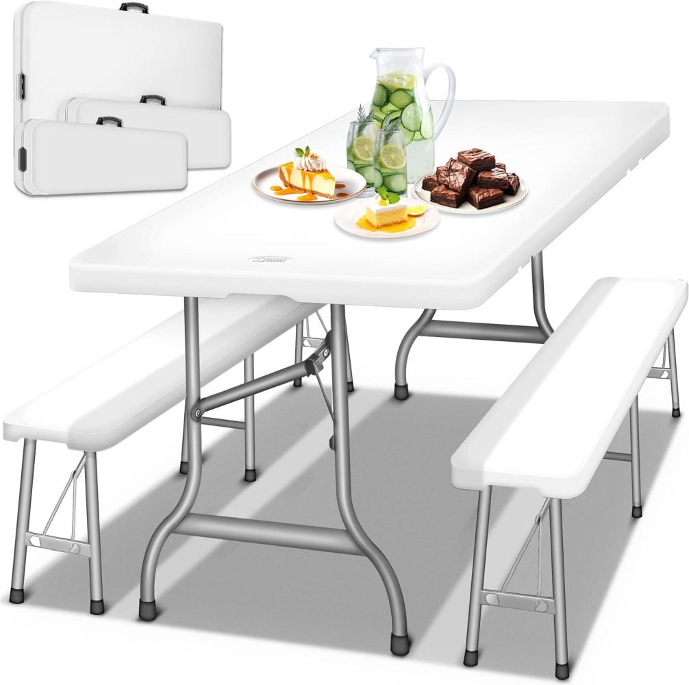 tillvex® Bierzeltgarnitur klappbar 3-teilig Set | Kunststoff Gartengarnitur wetterfest 180 cm | Gartenmöbel Set Indoor & Outdoor mit Gartentisch und Bänken | Festzeltgarnitur (Weiß) Bild 1