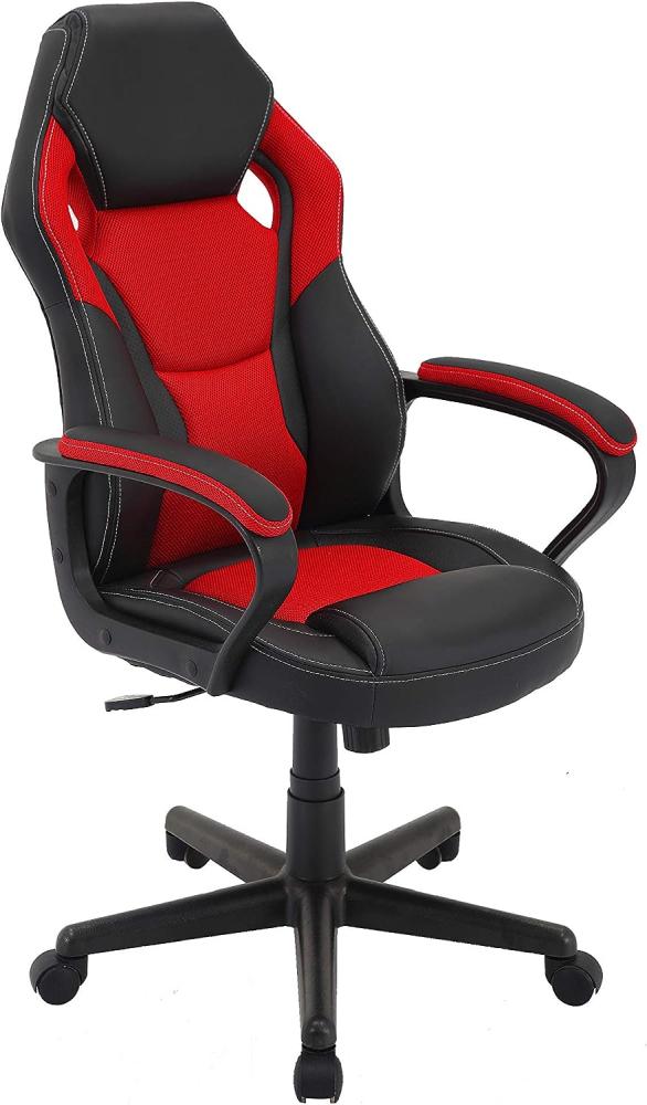 byLIVING Chefsessel Matteo / Gaming-Chair bis 110 kg belastbar / Kunststoff & Kunstleder schwarz / Armlehnen gepolstert/ Applikation Mesh grau-rot / Sicherheitsrollen / B 60, H 103-113, T 65 cm Bild 1