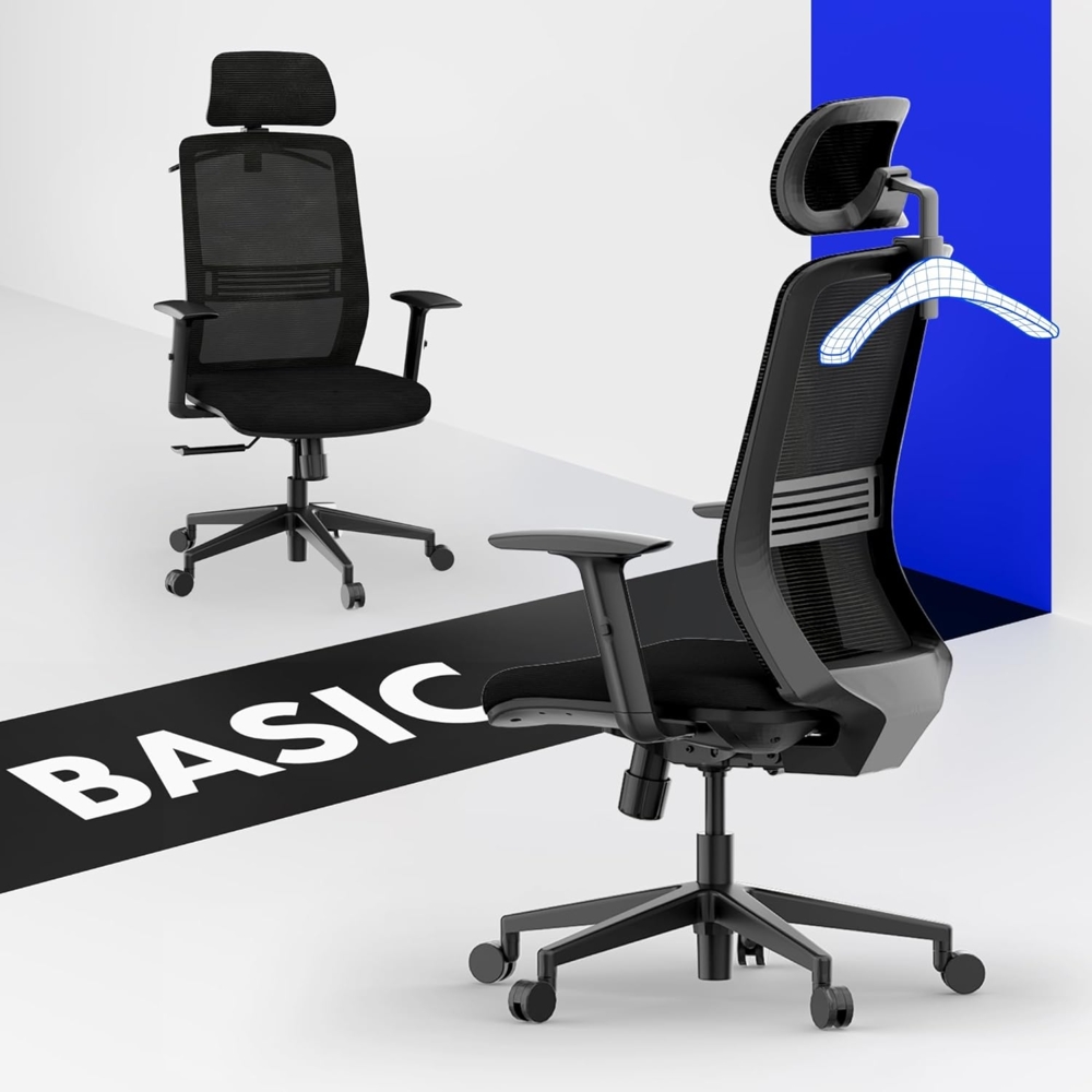 FLEXISPOT Bürostuhl Ergonomisch, Schreibtischstuhl mit Kleiderhaken, Kopfstütze und Lordosenstütze, Büro Stuhl Lift Armlehne, Computerstuhl höhenverstellbar, Drehstuhl 136 kg, OC17 (schwarz) Bild 1