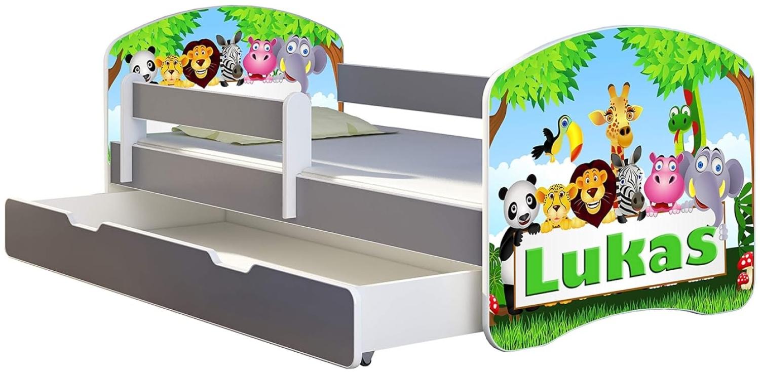 ACMA Kinderbett Jugendbett mit Einer Schublade und Matratze Grau mit Rausfallschutz Lattenrost II (01 Zoo name, 160x80 + Bettkasten) Bild 1