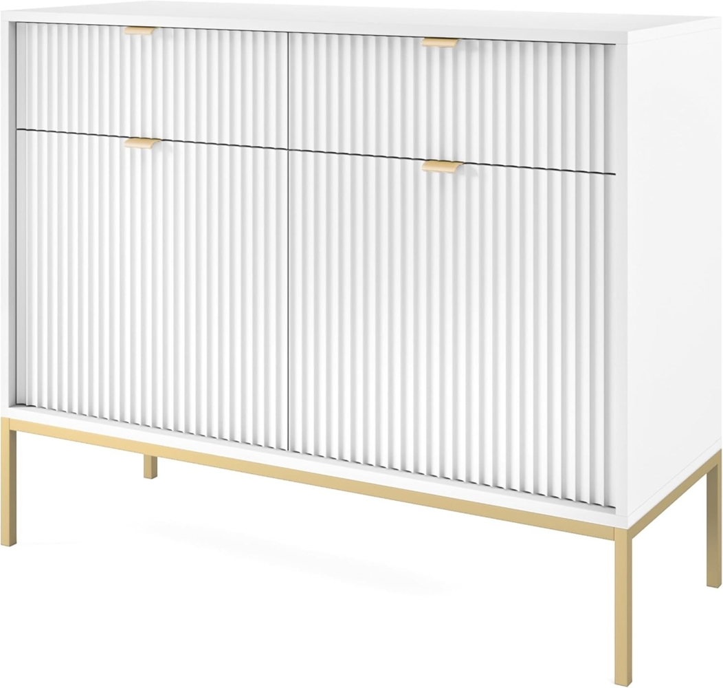 Selsey VELLORE - Kommode 2-türig mit 2 Schubladen, Weiß mit geriffelten Fronten und goldenen Metallbeinen, 104 cm Bild 1