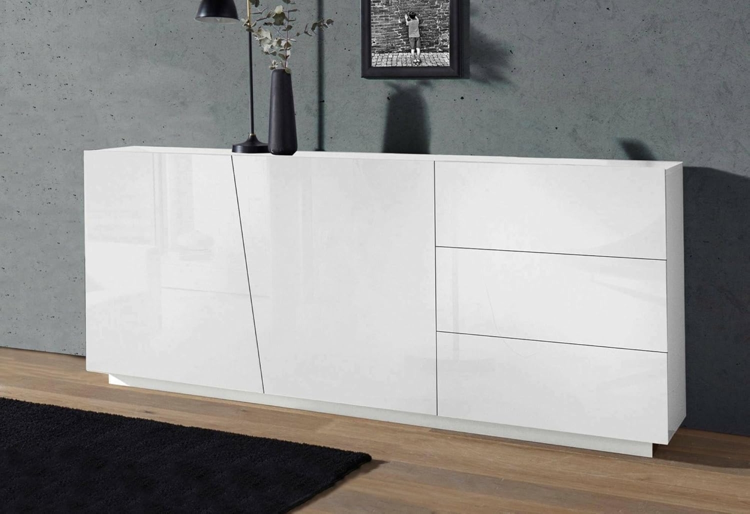 Dmora - Kommode John, Küchen-Sideboard mit 2 Türen und 3 Schubladen, Wohnzimmer-Buffet, 100 % Made in Italy, cm 180x43h86, Glänzend weiß Bild 1