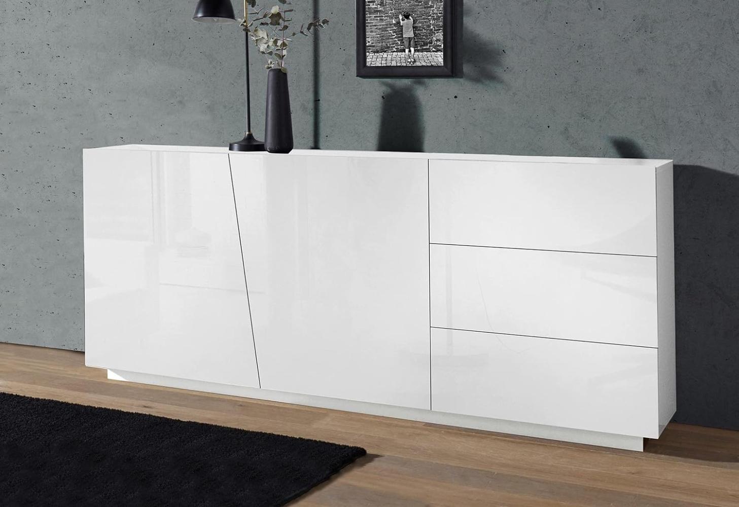 Dmora - Kommode John, Küchen-Sideboard mit 2 Türen und 3 Schubladen, Wohnzimmer-Buffet, 100 % Made in Italy, cm 180x43h86, Glänzend weiß Bild 1