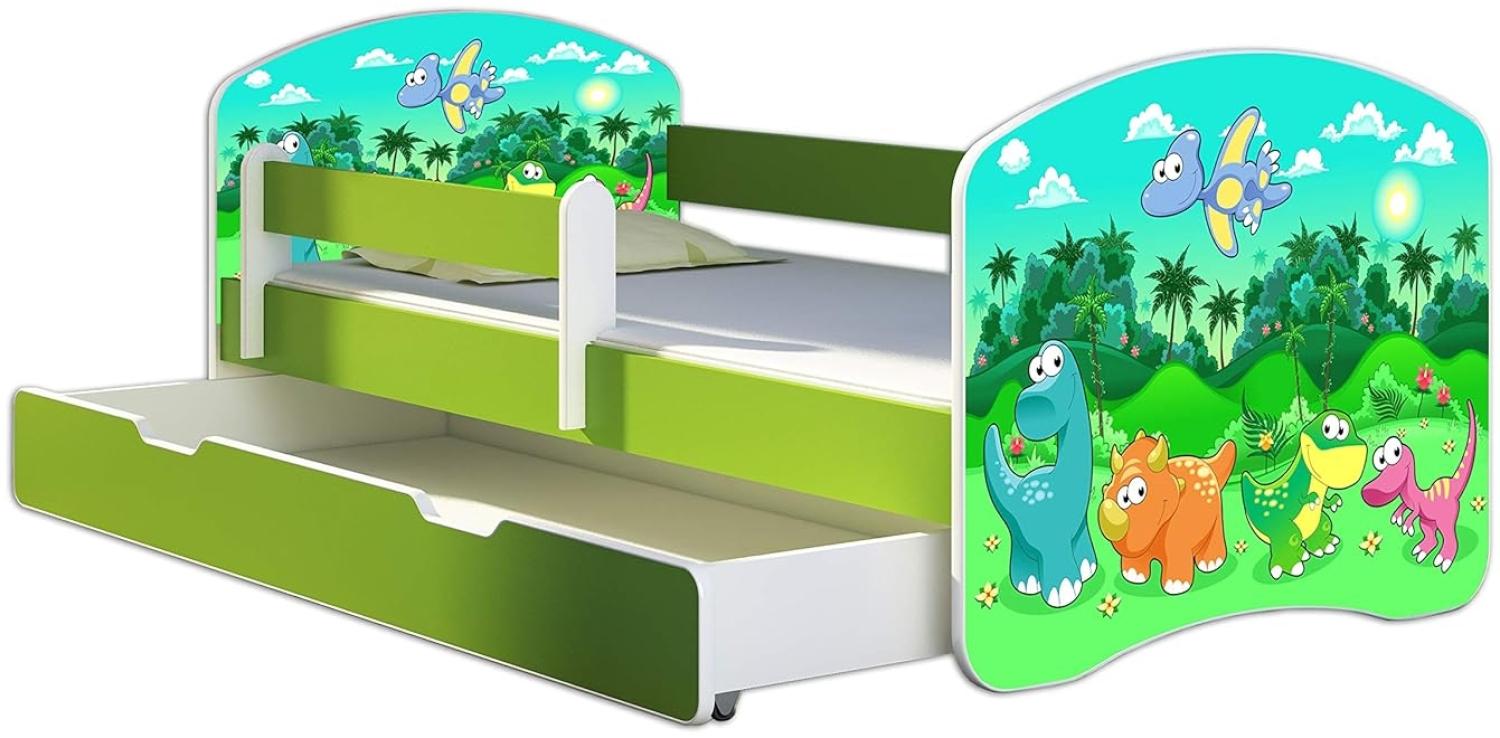 ACMA Kinderbett Jugendbett mit Einer Schublade und Matratze Grün mit Rausfallschutz Lattenrost II 140x70 160x80 180x80 (30 Dino, 140x70 + Bettkasten) Bild 1