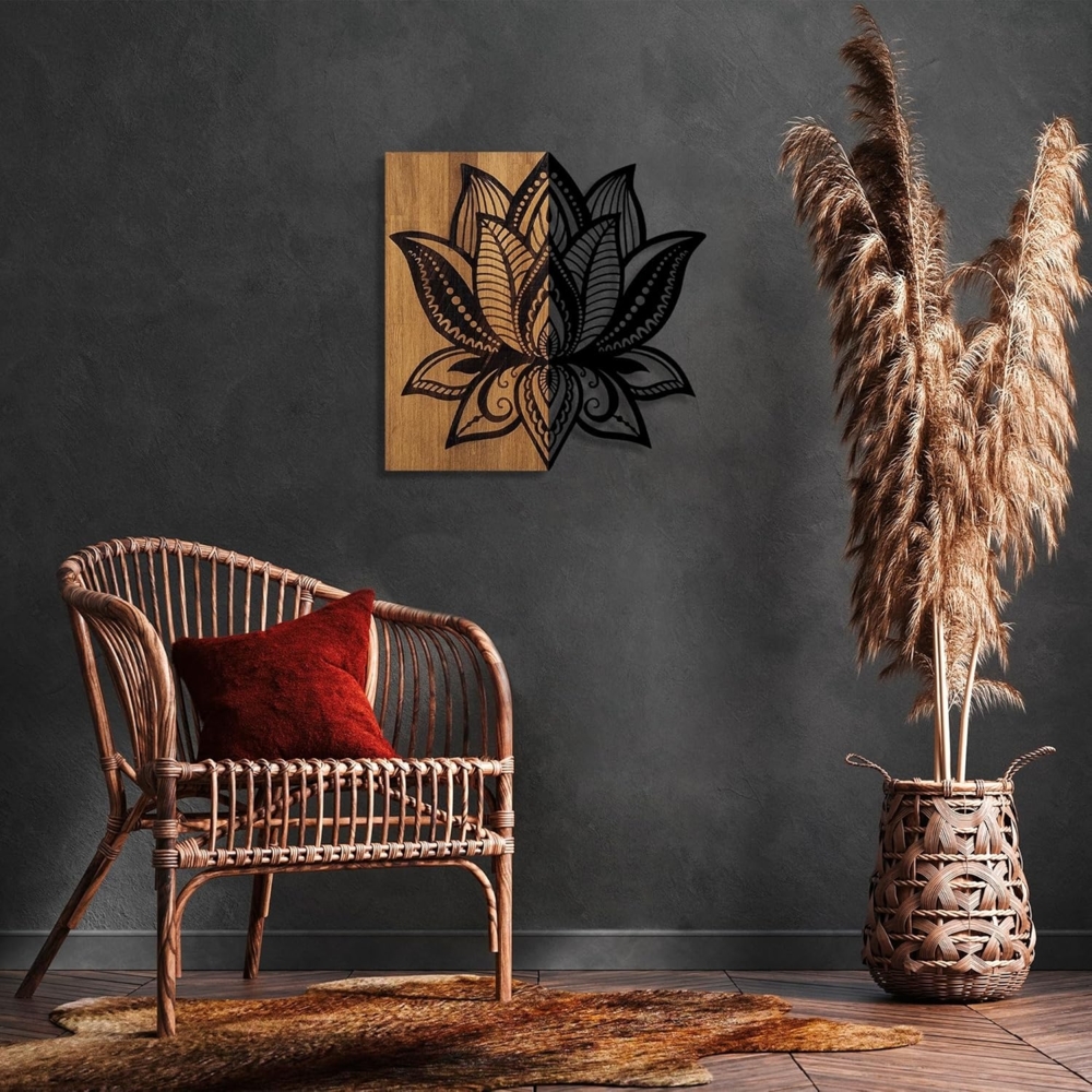 dekoratives Wandaccessoire aus Holz, 'Lotus 10', 59 x 3 x 58, Nussbaum, Schwarz Bild 1