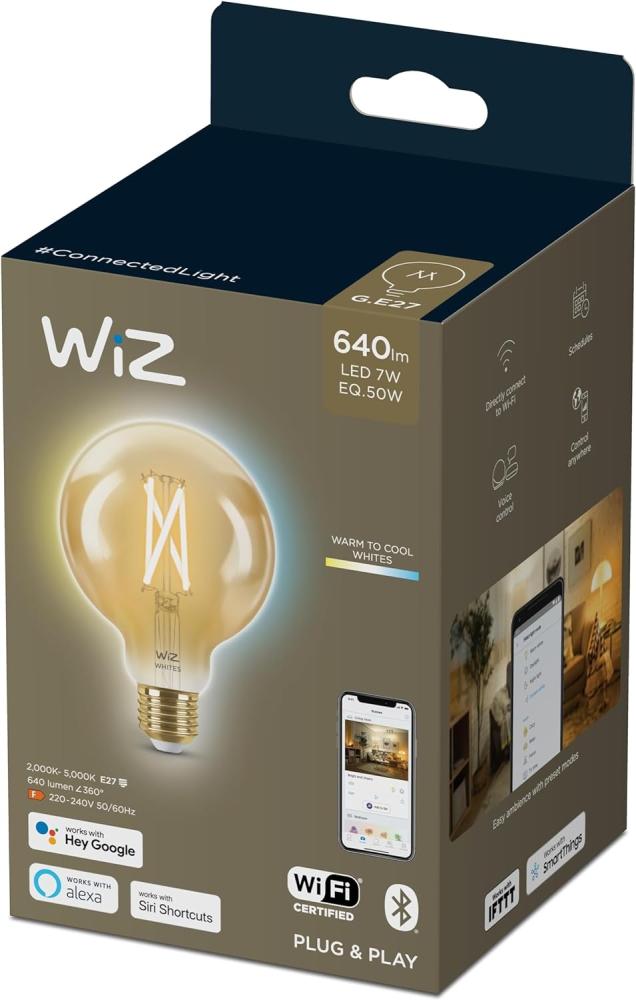 WiZ Tunable White Amber LED Lampe E27 (640 lm), 50 W Filament Lampe im Vintage Design mit bernsteinfarbenem dimmbarem Licht, smarte Lichtsteuerung über WLAN per Stimme/App Bild 1