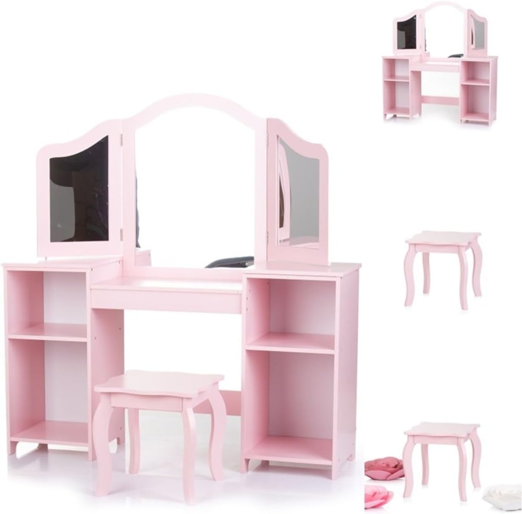 Chipolino Kinder Schminktisch Spiegel, Hocker, Holz, Stauraum, offene Regale rosa Bild 1