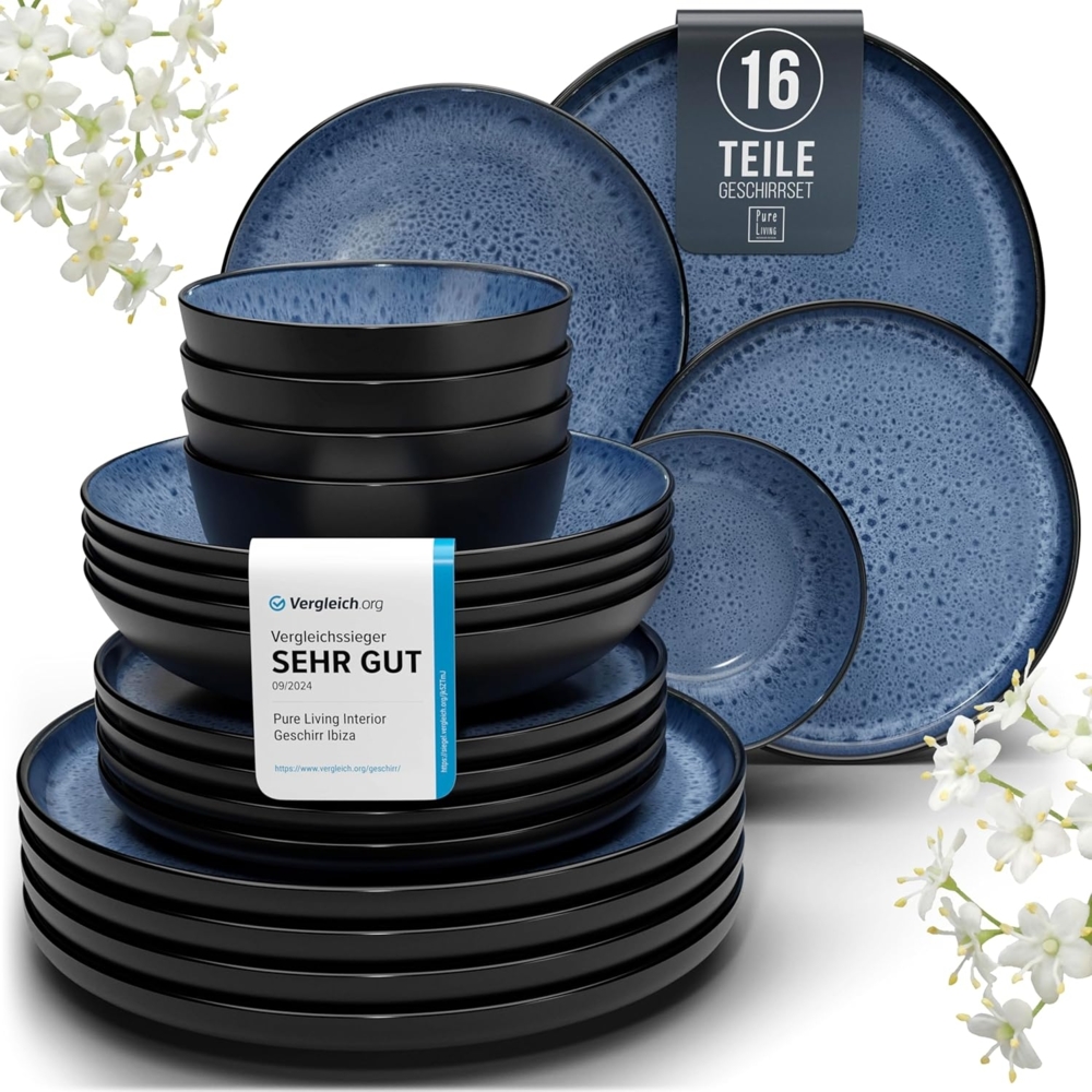Steingut Geschirrset 4 Personen Ibiza 16 tlg. TESTSIEGER, Traumhaftes Mediterranes Steingut Geschirr Set, Schüssel- und Teller Set, Tafelservice 4 Personen, Geschirrsets Pure Living in Tiefblau Bild 1